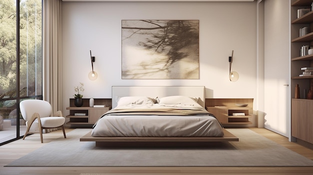 sypialnia z łóżkiem i obrazem drzewa na ścianie