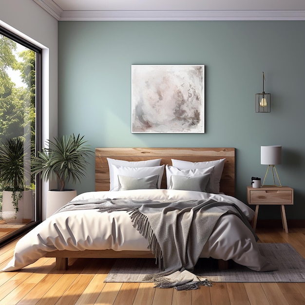 Sypialnia z łóżkiem i obrazem drzewa oraz łóżko z obrazem rośliny na ścianie.