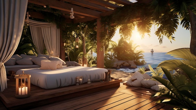 sypialnia z łóżkiem i słońcem zachodzącym nad oceanem