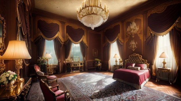 Sypialnia z łóżkiem i żyrandolem z napisem „pokój jest królową”