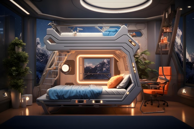 sypialnia z łóżkiem piętrowym inspirowanym statkiem kosmicznym i kosmiczną ścianą