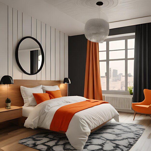 sypialnia z łóżkiem, pomarańczową i białą pościelą i okrągłym lustrem