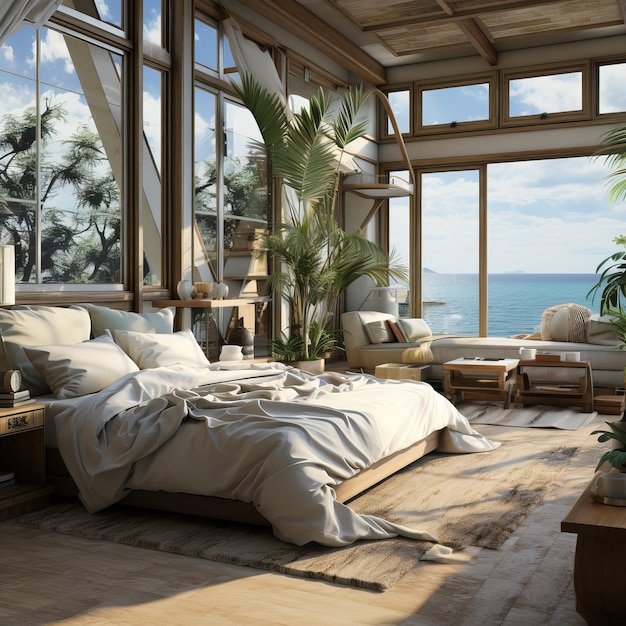 sypialnia z łóżkiem, stołem i oknem z widokiem na ocean