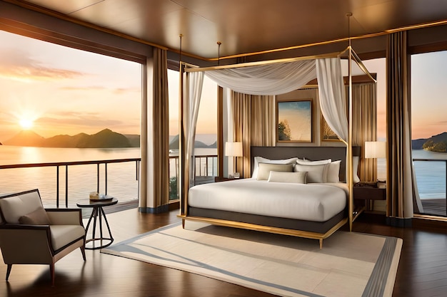 Sypialnia z łóżkiem z baldachimem i balkonem z widokiem na ocean.