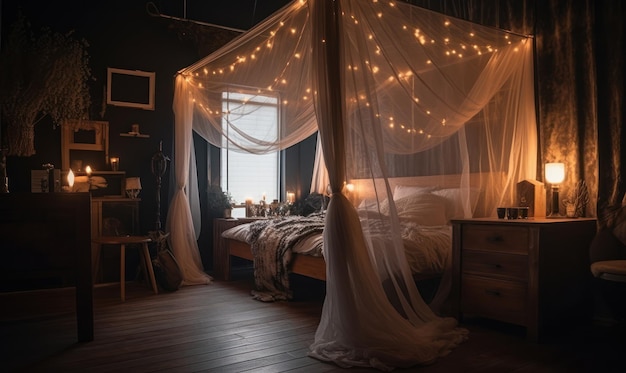 Sypialnia z łóżkiem z baldachimem z łóżkiem i oknem z wizerunkiem drzewa.