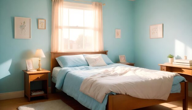 sypialnia z niebieską ścianą i łóżkiem z białym kocem