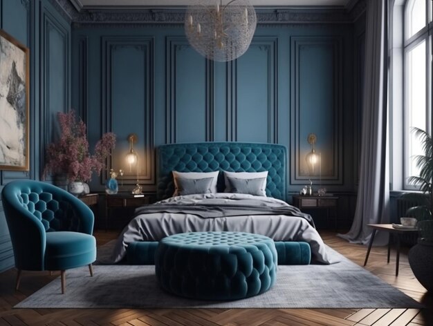 Sypialnia z niebieskim łóżkiem i niebieskim łóżkiem z zielonym wezgłowiem i lampą na ścianie.
