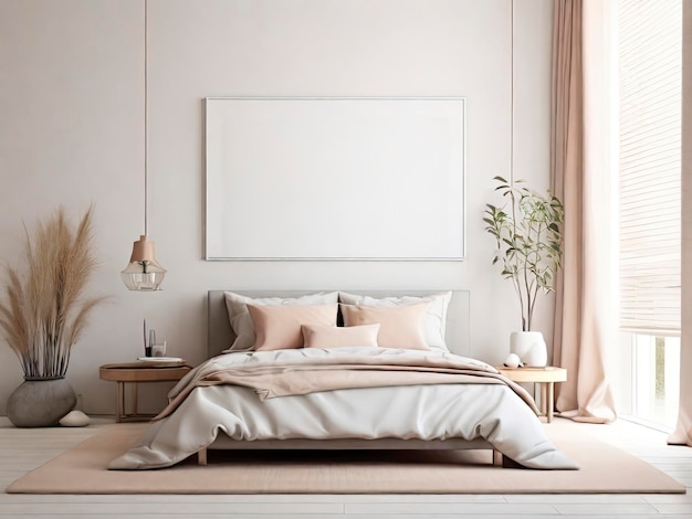 Sypialnia z nowoczesnym wnętrzem Kwiaty na drewnianym stołku i puf na białym tle z ramką plakatów