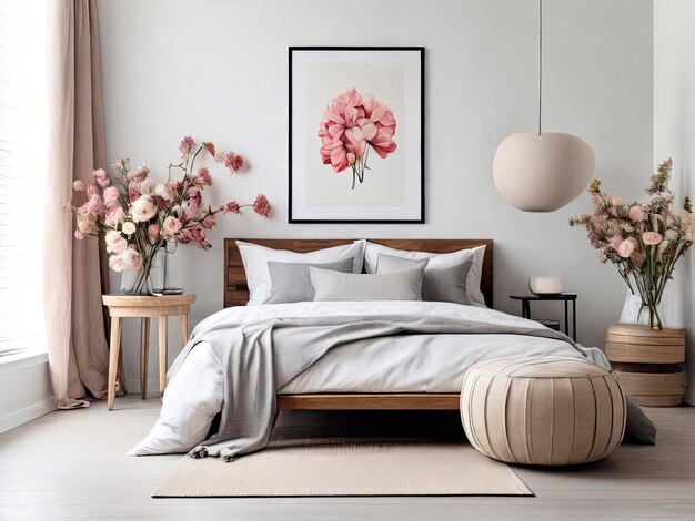 Sypialnia z nowoczesnym wnętrzem Kwiaty na drewnianym stołku i puf na białym tle z ramką plakatów