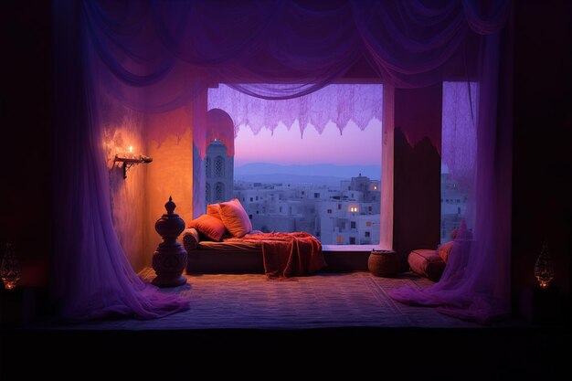 sypialnia z oknem i łóżko z zasłoną, która mówi miasto