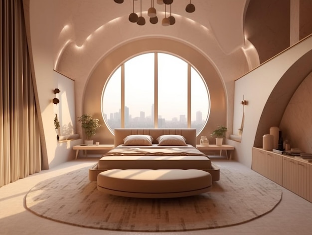 Sypialnia z okrągłym oknem i okrągłym łóżkiem z okrągłym łóżkiem i dużym oknem z miastem w tle.