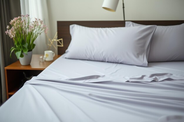 Zdjęcie sypialnia z poduszkami do łóżka i rośliną w garnku