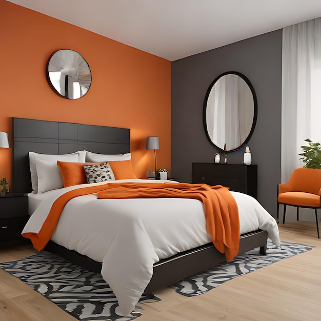 sypialnia z pomarańczowymi ścianami i łóżkiem z białym kocem