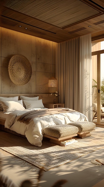 Sypialnia z przestronnym łóżkiem, dużym oknem, drewnianą podłogą i przytulną pościelą