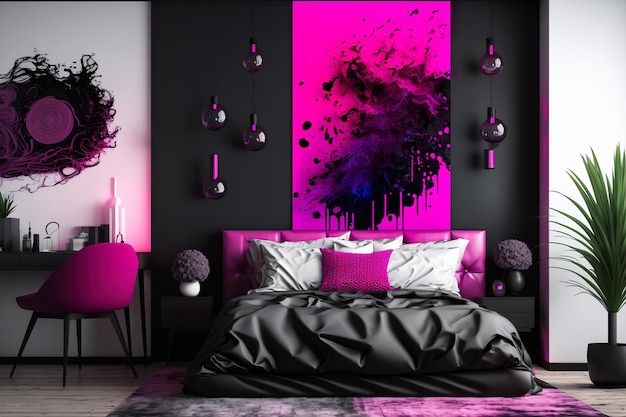 Sypialnia z różową ścianą i czarno-fioletowym plakatem z napisem „różowy”