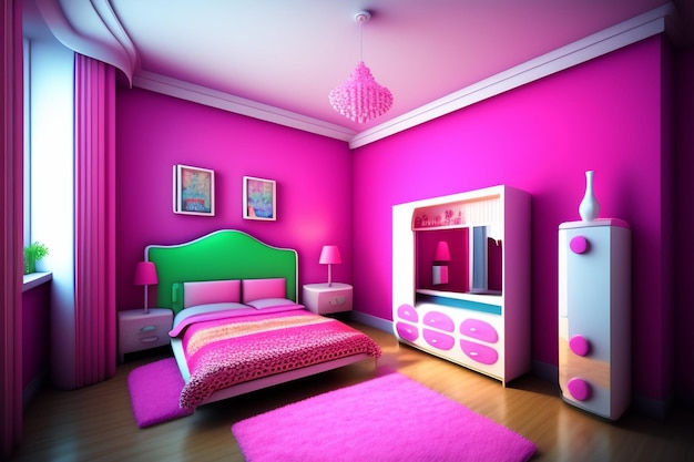 Sypialnia z różowym łóżkiem i różowym łóżkiem z zielonym wezgłowiem.