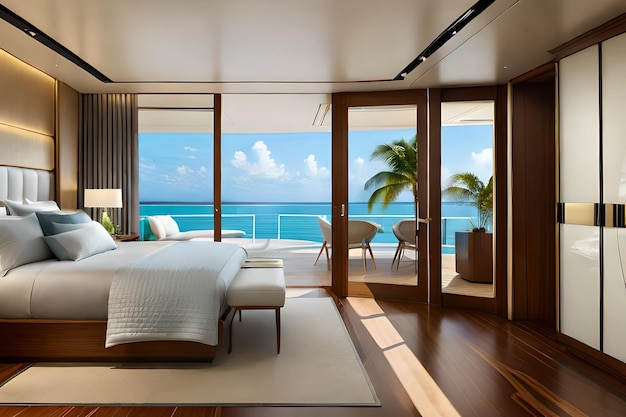 sypialnia z widokiem na ocean i palmy