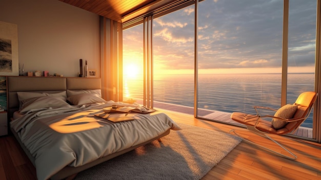 Sypialnia z widokiem na ocean i słońce wpadające przez okno.
