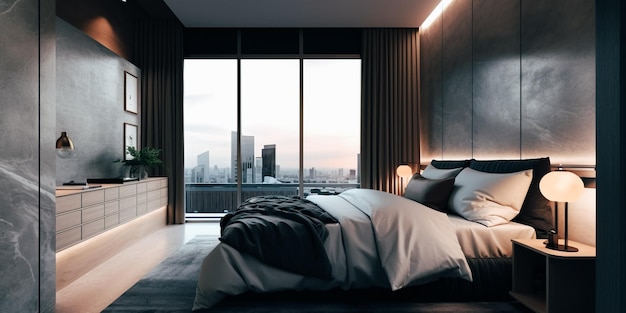 Sypialnia z widokiem na panoramę miasta.