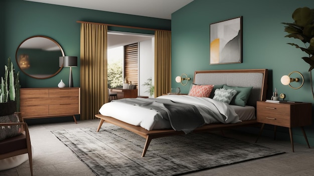 Sypialnia z zielonymi ścianami i łóżkiem z drewnianym wezgłowiem.