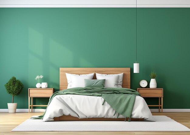 sypialnia z zielonymi ścianami pomalowanymi na zielony odcień