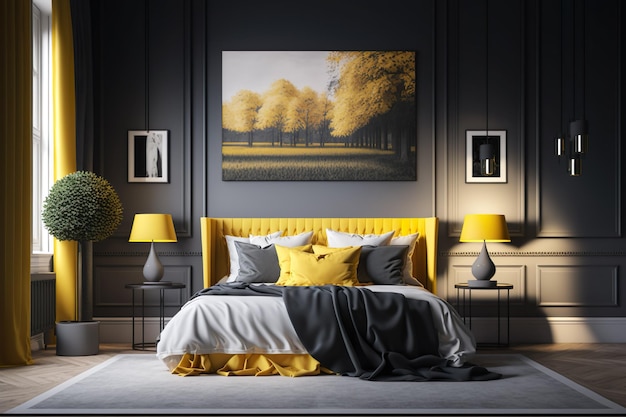 Sypialnia z żółtym łóżkiem i obrazem drzew na ścianie.