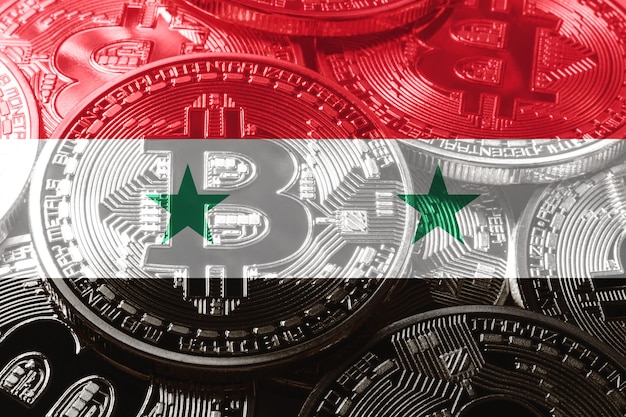 Syria bitcoin flaga, flaga narodowa koncepcja kryptowaluty czarne tło