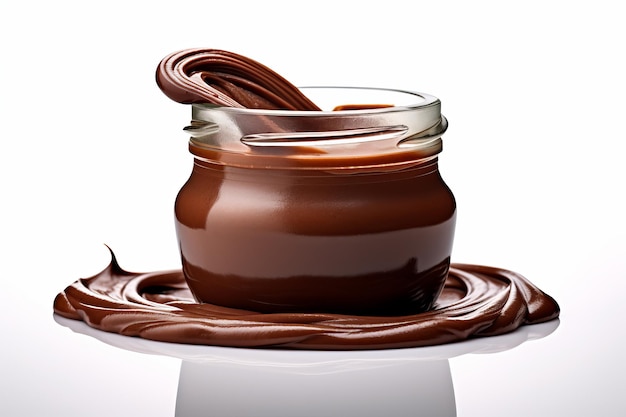 Syrop czekoladowy w szklanym słoiku izolowany na białym tle z ścieżką wycinania
