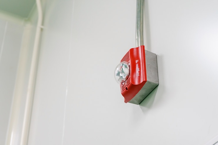 Zdjęcie system alarmu przeciwpożarowego z wbudowanym światłem stroboskopowym do ostrzegania w przypadku pożaru i specjalnego pojawienia się