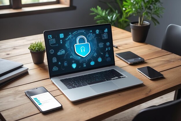 Zdjęcie system bezpieczeństwa cybernetycznego internetu technologia zamka i ikony aplikacji z laptopem na drewnianym biurku