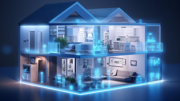 System bezpieczeństwa inteligentnego domu Plan domu 3D Xray Generative AI