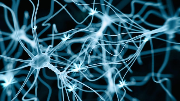 System komórek neuronowych 3d renderowany obraz sieci komórkowej Neuron na czarnym tle Widok hologramu w