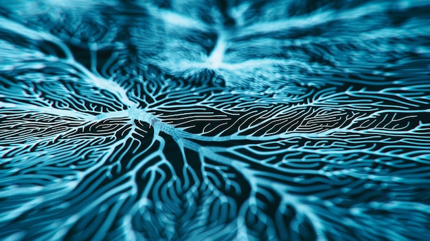 System komórek neuronowych 3d renderowany obraz sieci komórkowej Neuron na czarnym tle Widok hologramu w