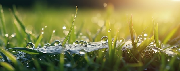 Zdjęcie system opryskiwaczy wody nawadniający idealnie wyciętą zieloną trawę panorama generative ai
