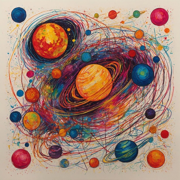 Zdjęcie system paneli słonecznych planety linia sztuka szczotkowa tapeta tło ilustracja tła