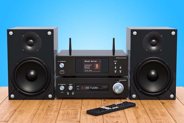 System stereo domowy na drewnianym stole 3D