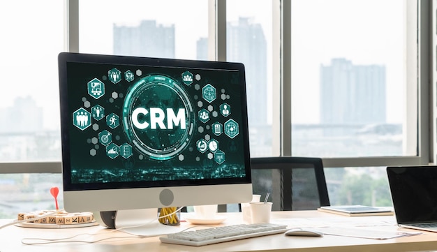 Zdjęcie system zarządzania relacjami z klientami na modnym komputerze dla biznesu crm