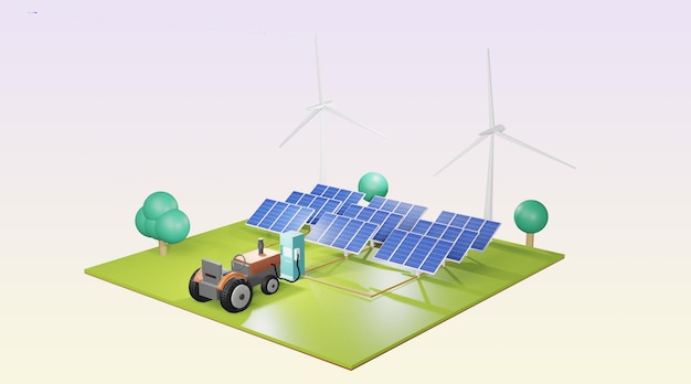 Systemy czystej energii, turbiny wiatrowe i ogniwa słoneczne generują energię elektryczną w renderowaniu 3d.