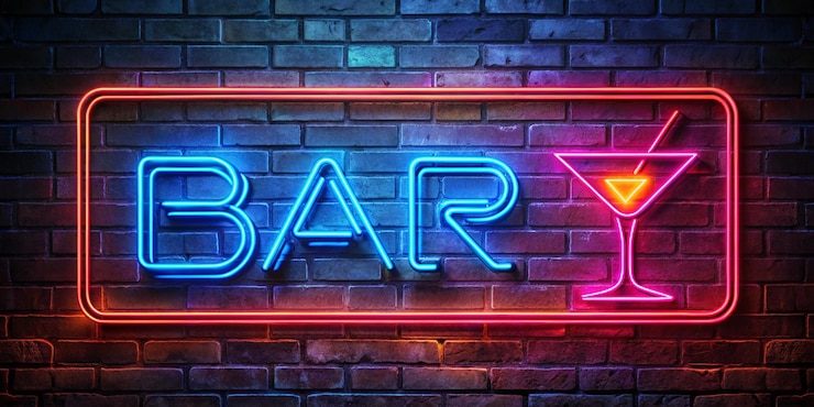 Zdjęcie szablon barowy neon światłe napisy bar i szkło koktajlowe