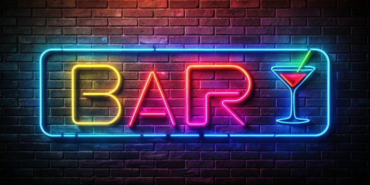 Zdjęcie szablon barowy neon światłe napisy bar i szkło koktajlowe