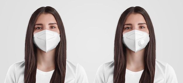Zdjęcie szablon białej maski z zaworem wydechowym ffp3 na pielęgniarce dziewczyna w masce medycznej zi bez