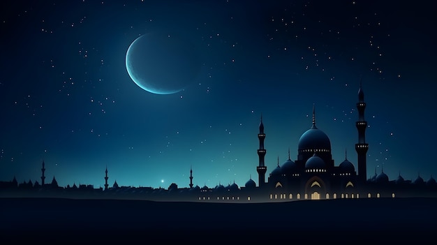 szablon ilustracji święta Ramadanu kareem z nocnym krajobrazem z meczetem i księżycem
