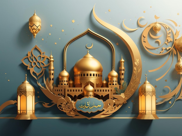 Szablon islamskiego pozdrowienia Ramadan Kareem z elementami dekoracyjnymi