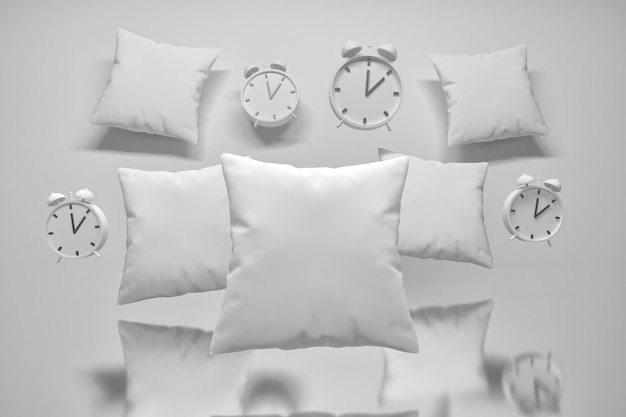 Szablon makiety kompozycji snu nocnego z wieloma latającymi poduszkami i zegarami