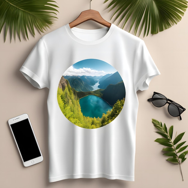 Szablon makiety koszulki z letnim krajobrazem górskim na drewnianym wieszaku i smartfonie