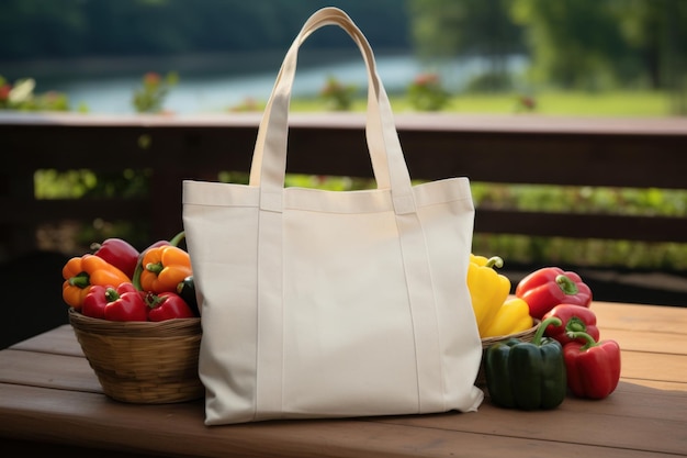 Zdjęcie szablon makiety torby tote na półce w sklepie spożywczym z świeżymi i ekologicznymi owocami i warzywami