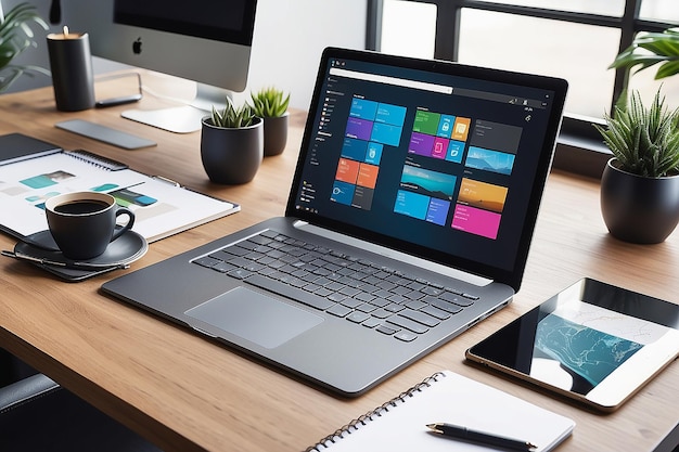 Zdjęcie szablon mock-up biura z laptopem, notebookem i tabletem