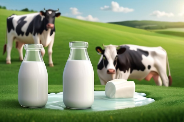 Szablon ogłoszenia o świeżym mleku 3d Krowy na zielonym tle pola gospodarstwa
