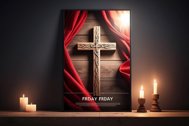 Szablon plakatów dobrego piątku z krzyżem wykonanym z drewna z czerwonym szalem oświetlonym rozmytym światłem słonecznym