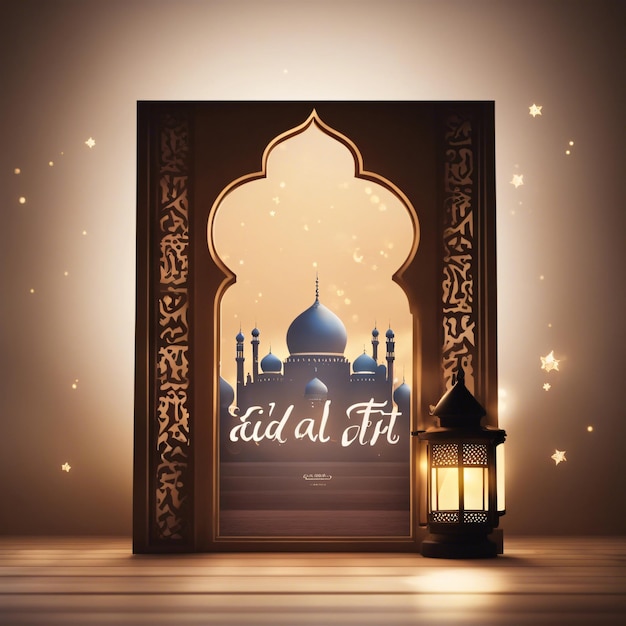 Szablon plakatów Eid al fitr z latarnią i oknem meczetu na tle islamskie kartki z pozdrowieniami
